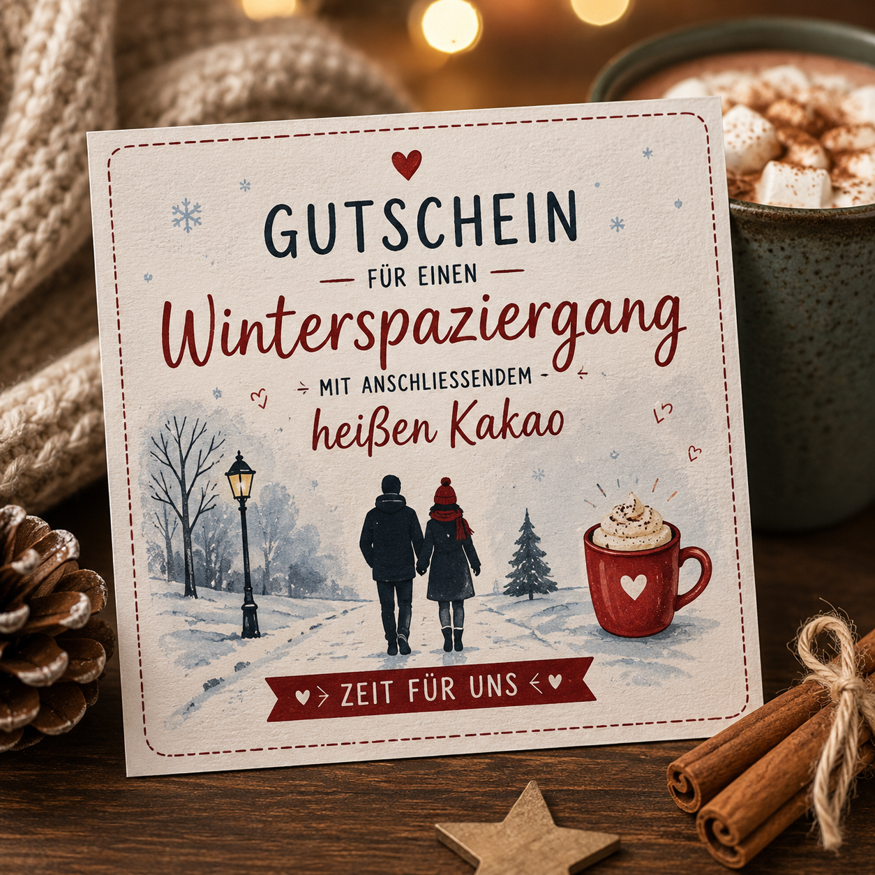 Gutschein für Winterspaziergang mit heißem Kakao als Adventskalenderfüllung für Männer